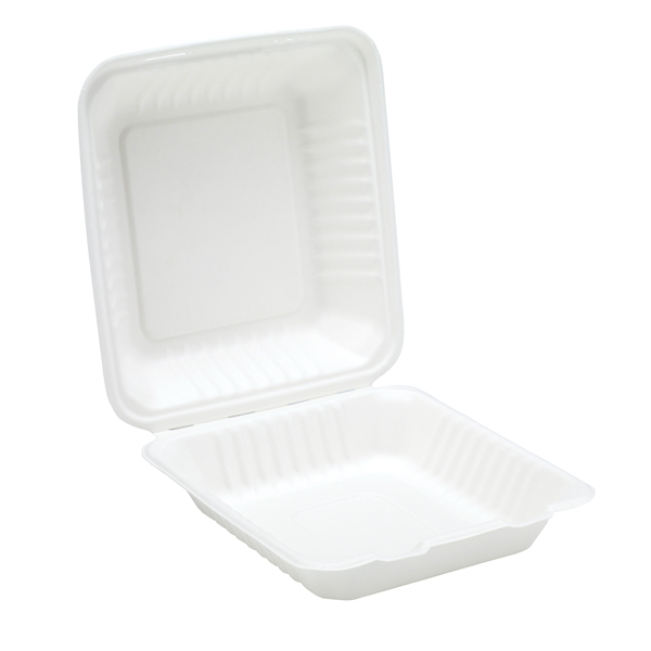 9x9x3&quot; Biopak Bagasse Clamshell Box White